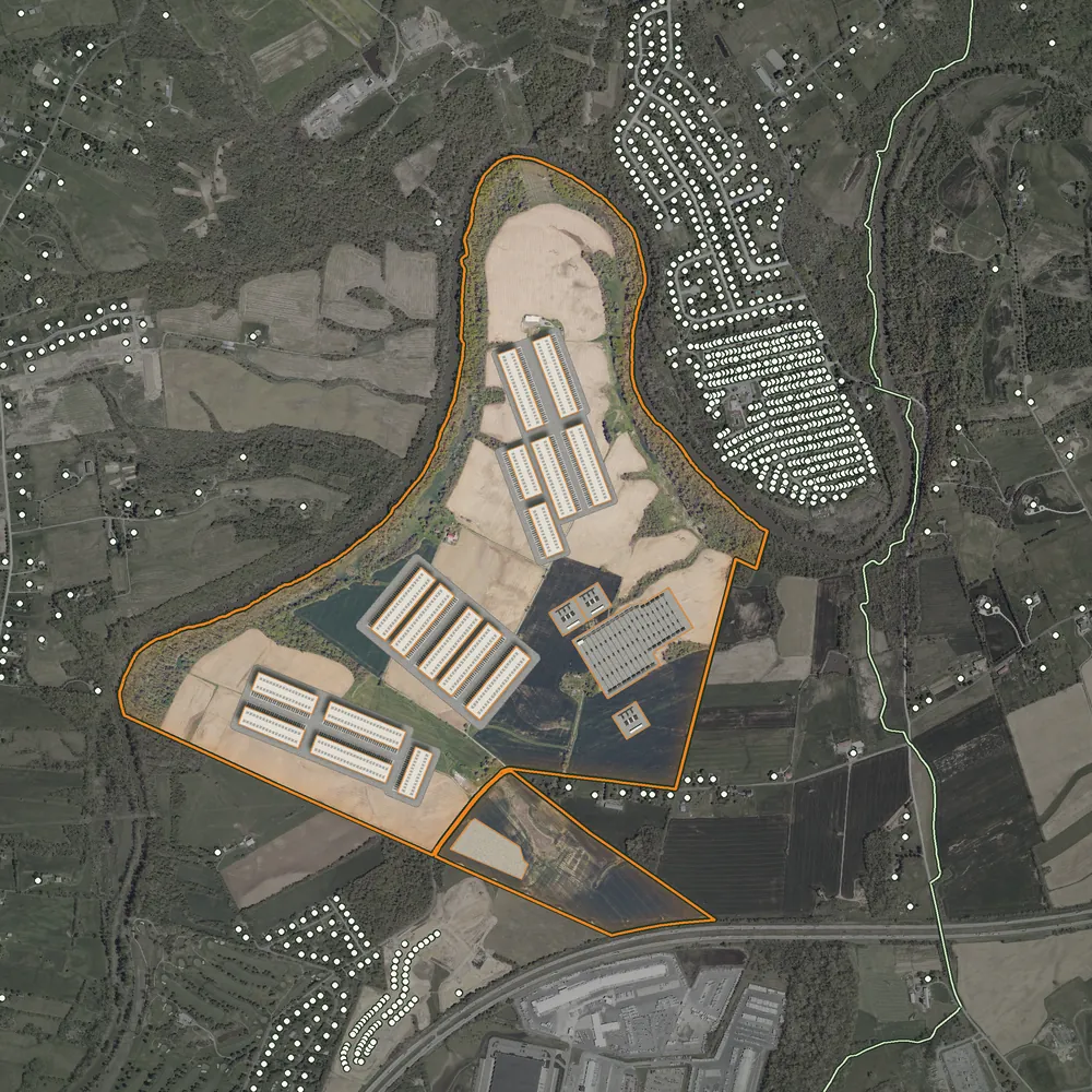 An aerial photo of the PAX-1 site, outlined in orange and shown in full color against the muted land around it. The developer's 16 buildings are drawn where its plan puts them, as long light roofs with their shadows, each with a generator yard along one side, inside the paved drives its plans draw. Its four substations and a laydown yard sit inside their fences as gravel yards. A light dot marks every home around it: hundreds packed into the neighborhoods across the creek to the northeast, and more lining Country Club Road to the south. The Conodoguinet Creek wraps the site's west and north sides, the Appalachian Trail runs to the east, and Interstate 81 passes the southern tip.