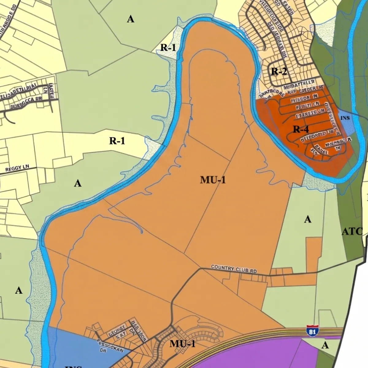 New zoning map showing the 694-acre farm reclassified as Mixed-Use Neighborhood (MU-1)