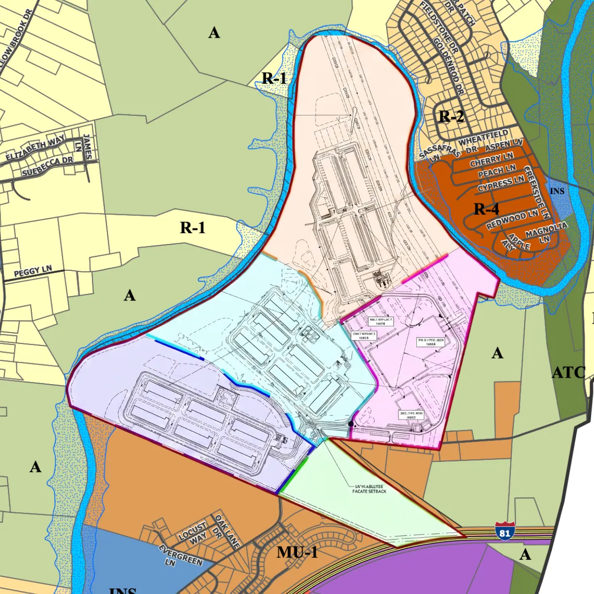 Site plan showing 16 proposed hyperscale data center buildings inside the Data Center Overlay