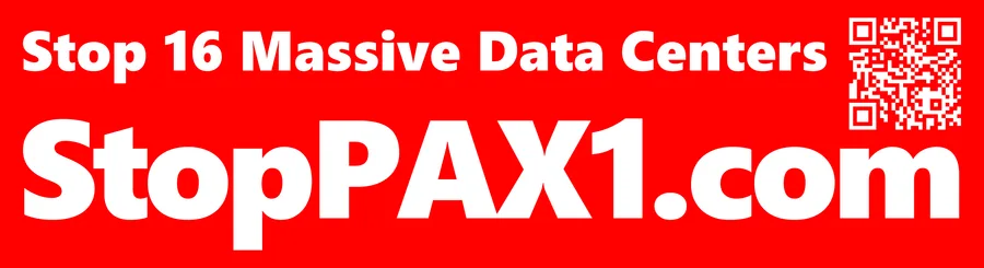 White block lettering on a red background reading "Stop 16 Massive Data Centers" above a large "StopPAX1.com", with a QR code at the right.