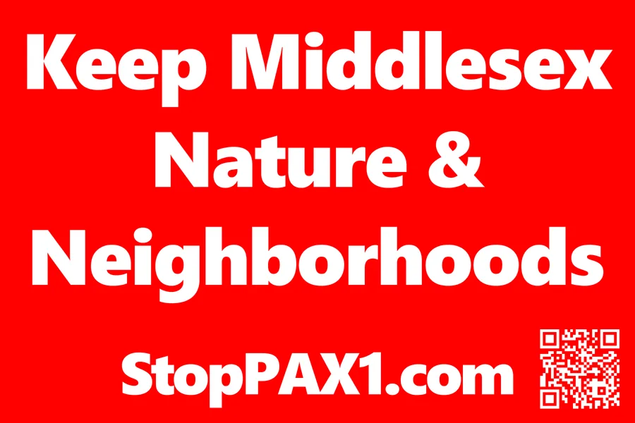 White block lettering on a red background reading "Keep Middlesex Nature & Neighborhoods" above "StopPAX1.com" and a QR code.